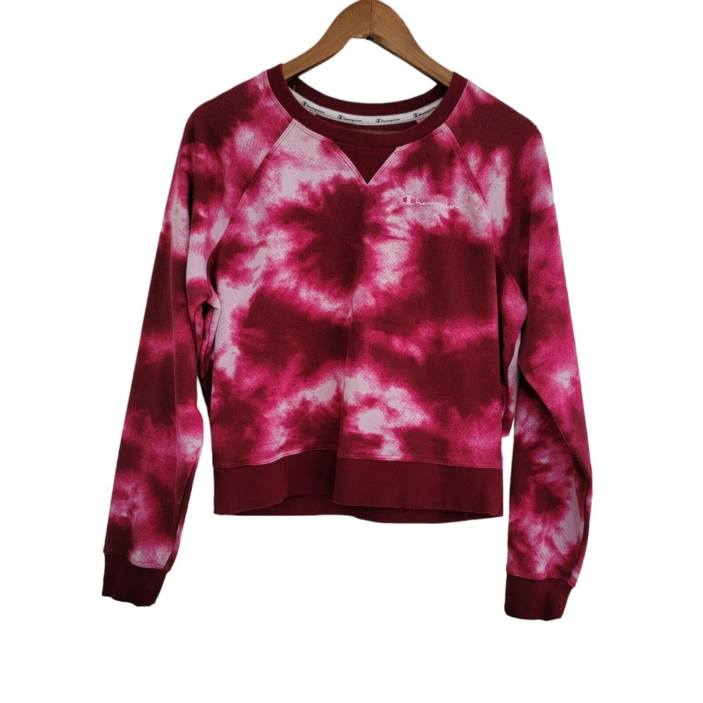 Champion Tie Dye Cropped Crewneck Sweatshirt Pink Red Women’s Long Sleev…